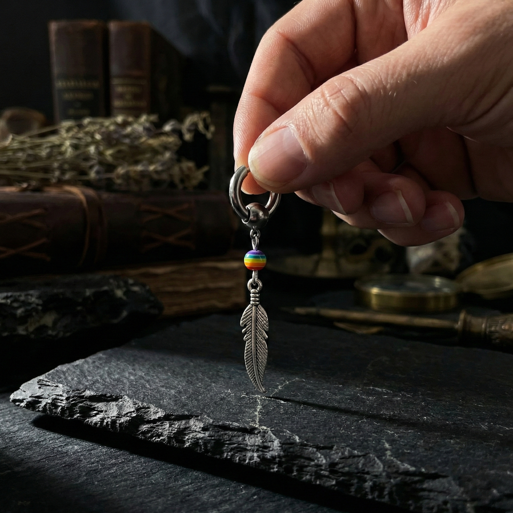 Arete Solitario Pluma y Arcoíris