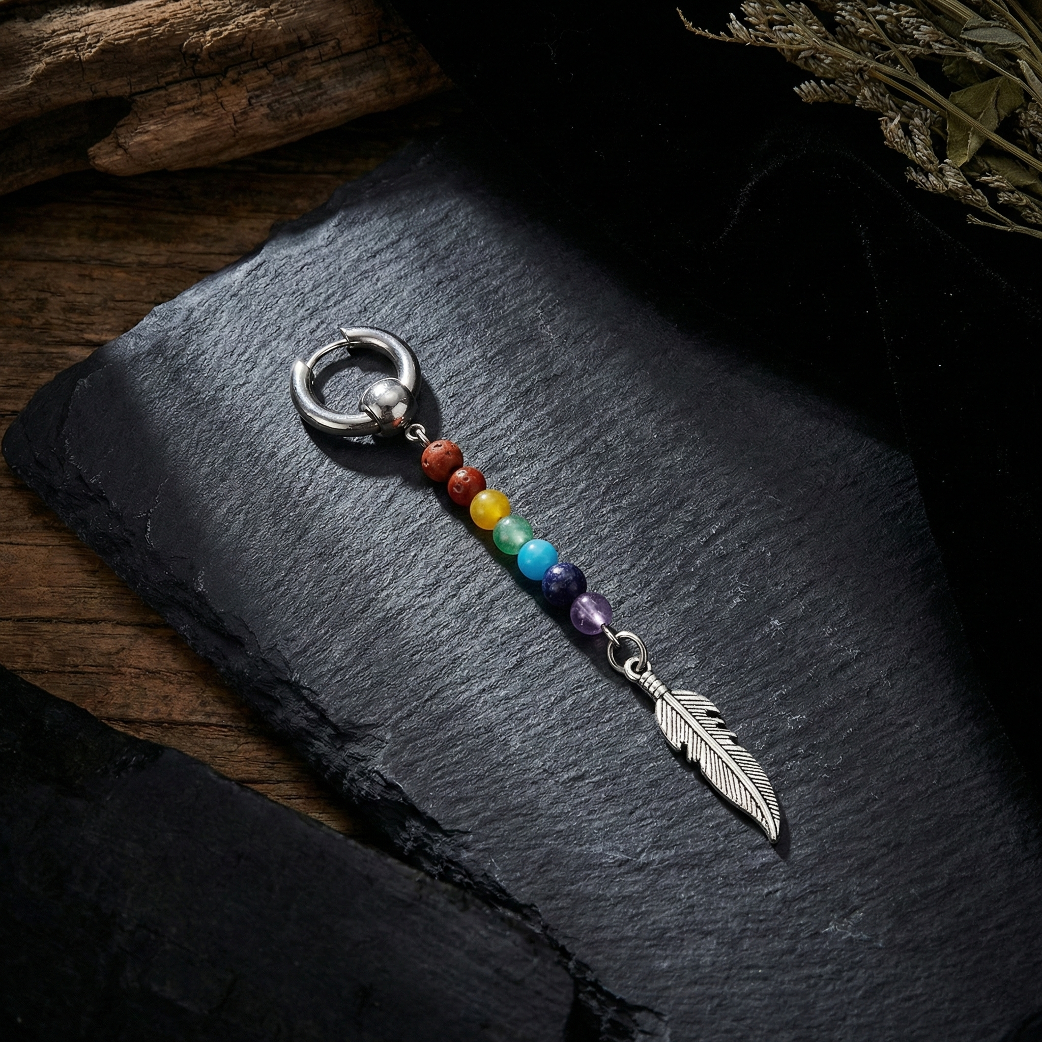 Arete Solitario de Pluma con 7 Piedras Naturales