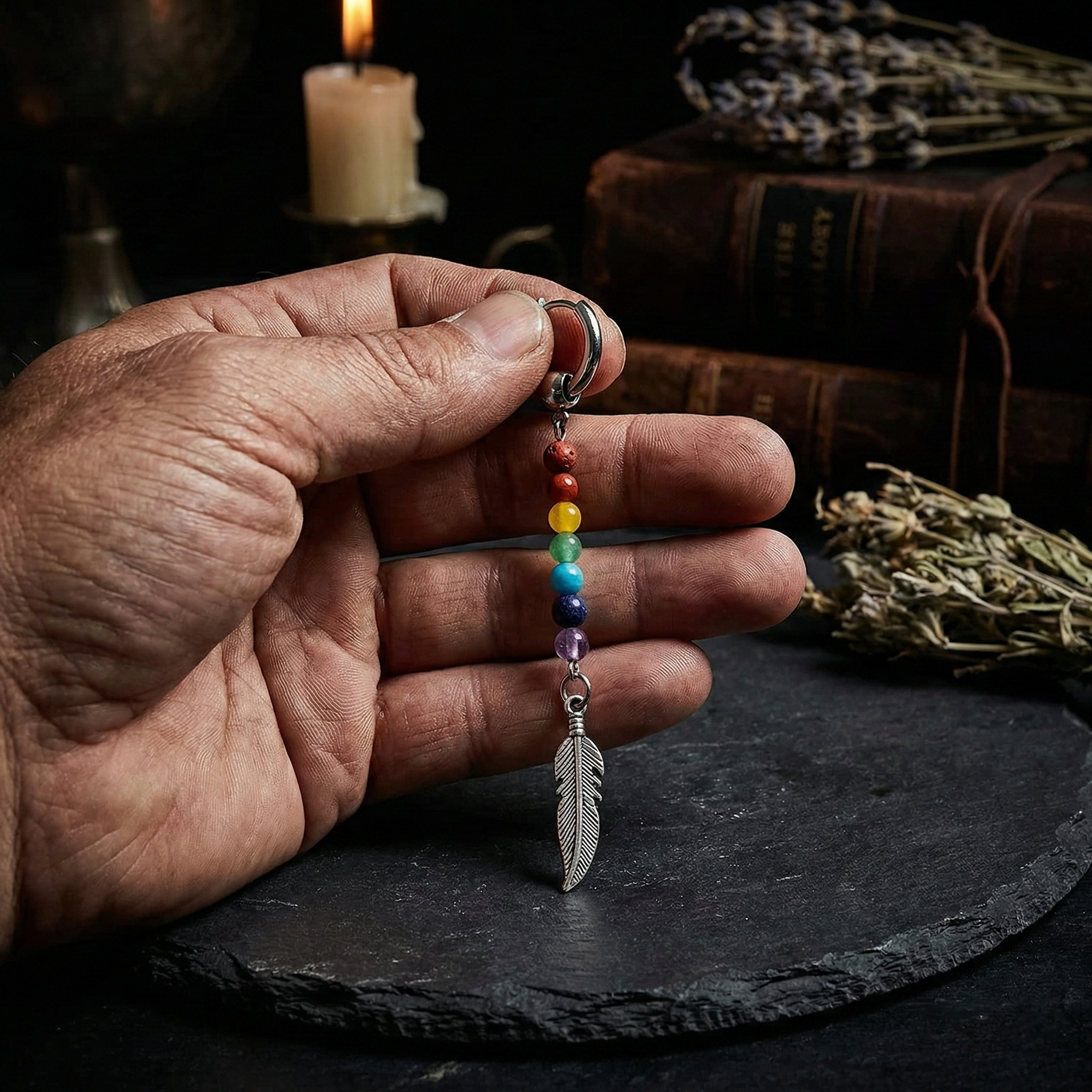 Arete Solitario de Pluma con 7 Piedras Naturales