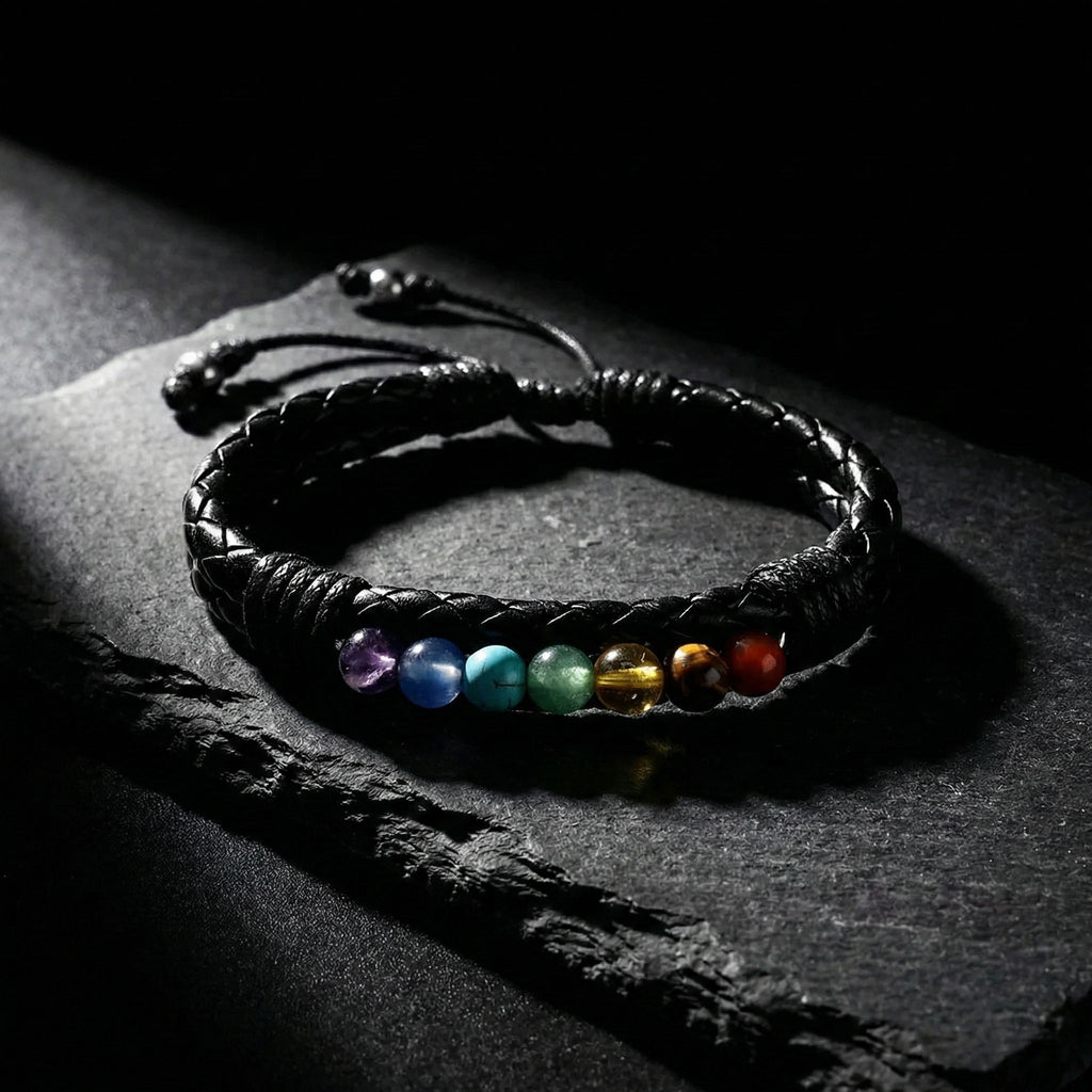 Brazalete Equilibrio | Cuero, Acero y 7 Chakras