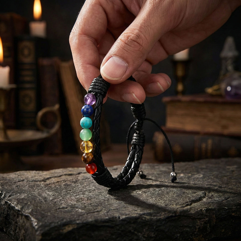 Brazalete Equilibrio | Cuero, Acero y 7 Chakras