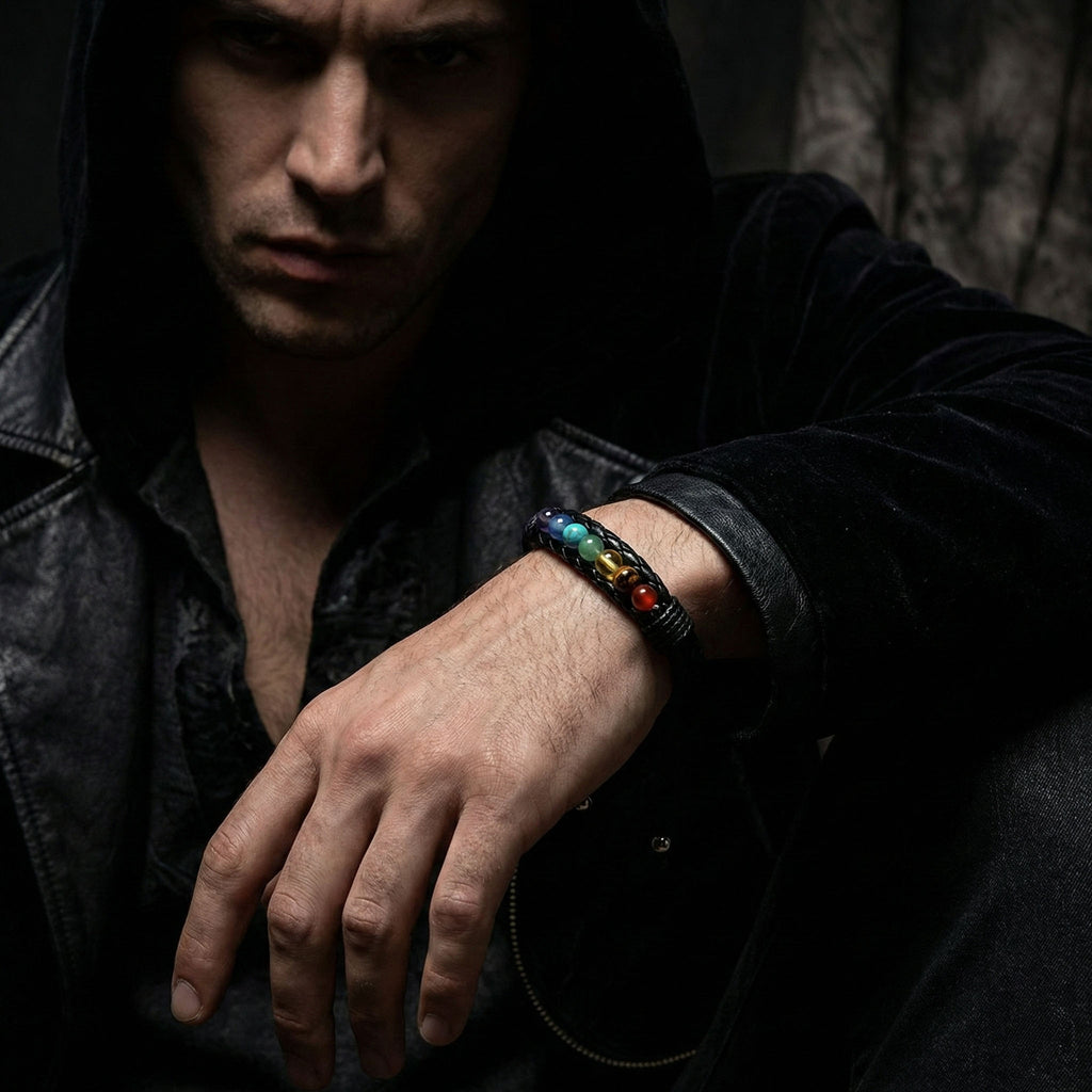 Brazalete Equilibrio | Cuero, Acero y 7 Chakras