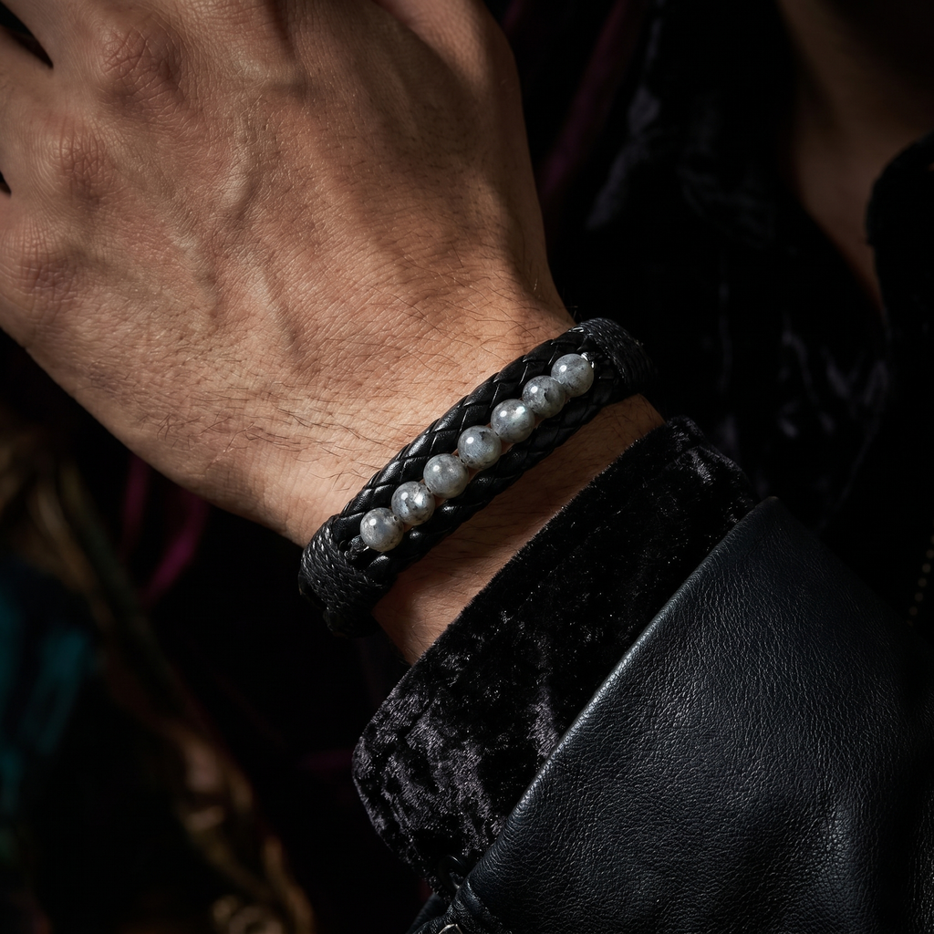Pulsera Espectrolita | Piedra de Umbral y Cuero Vegano