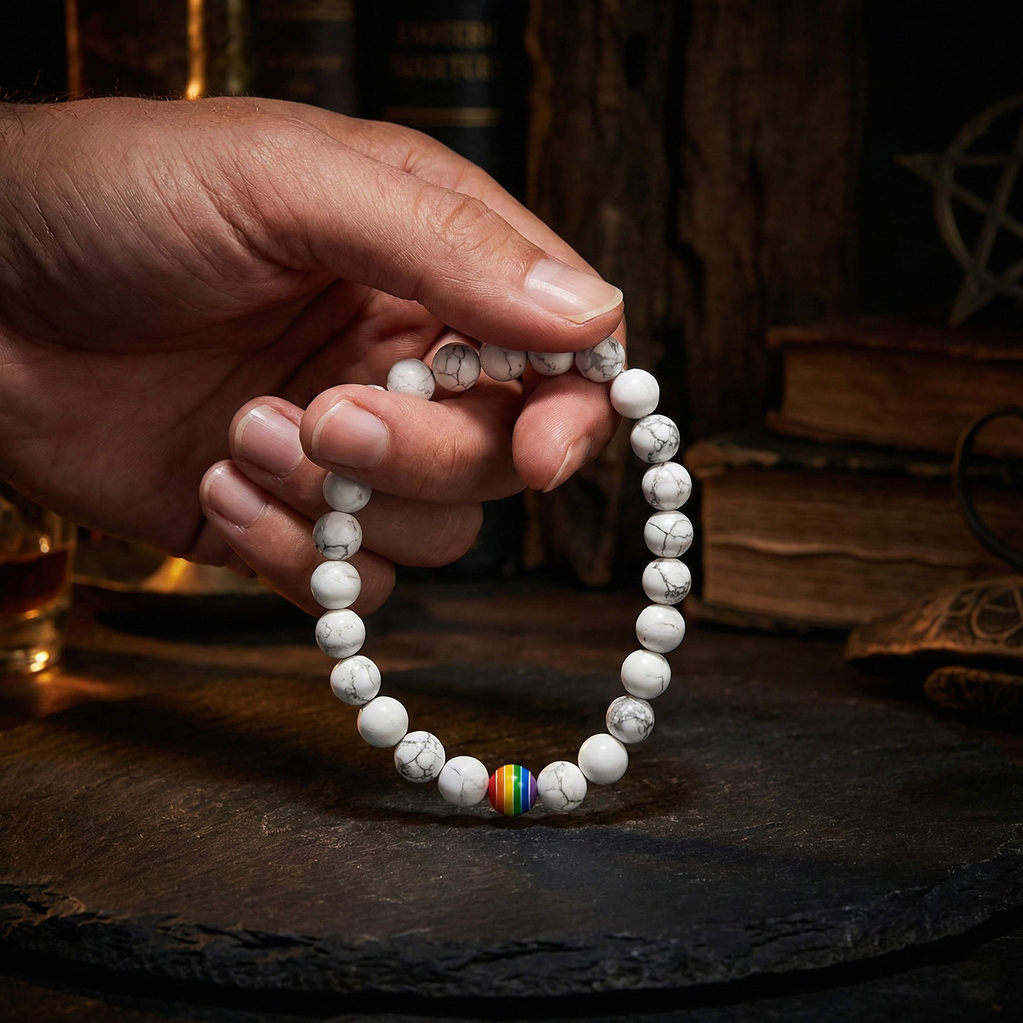 Pulsera Howlita Blanca y Arcoíris (8mm)