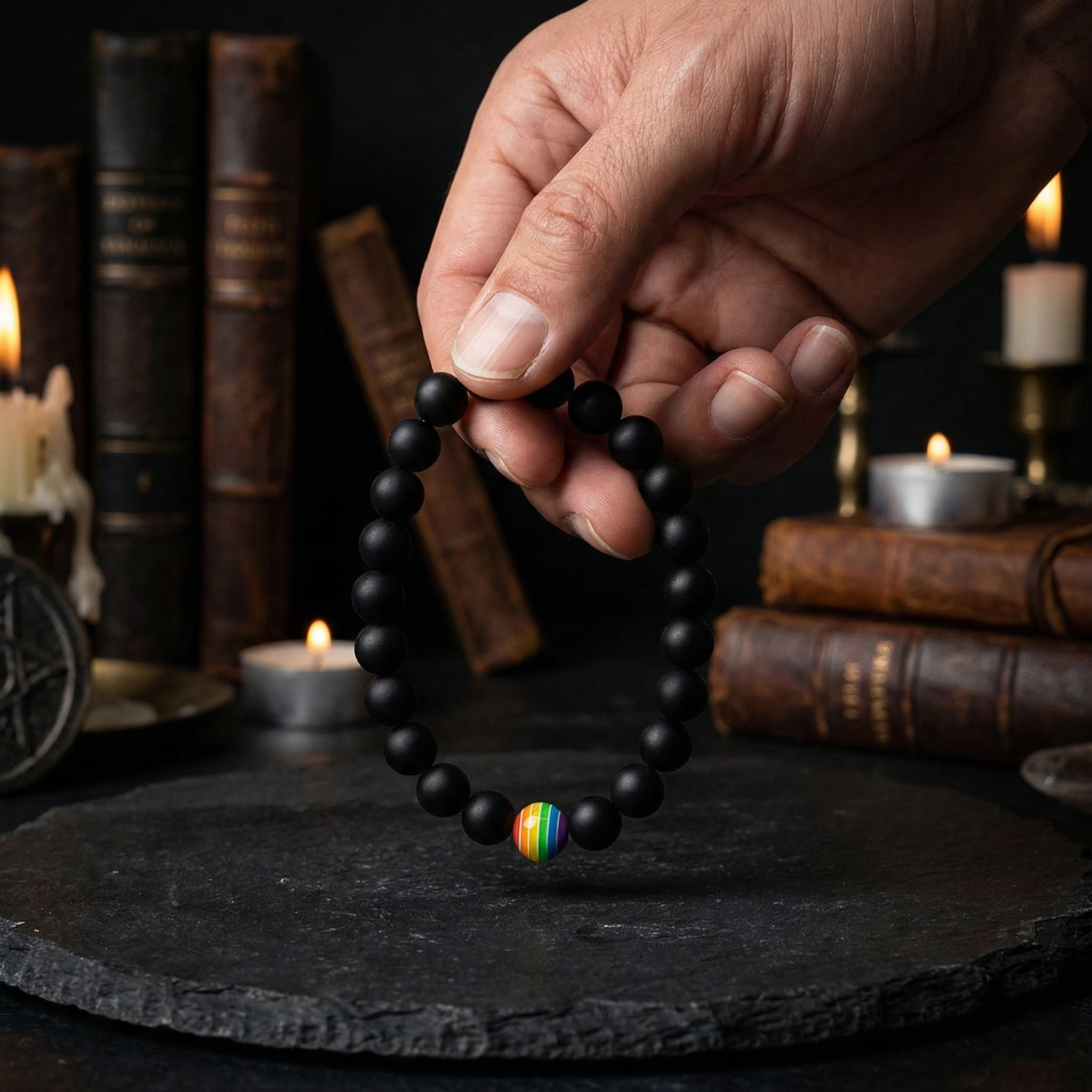 Pulsera Protectora Ónix Mate y Arcoíris (8mm)