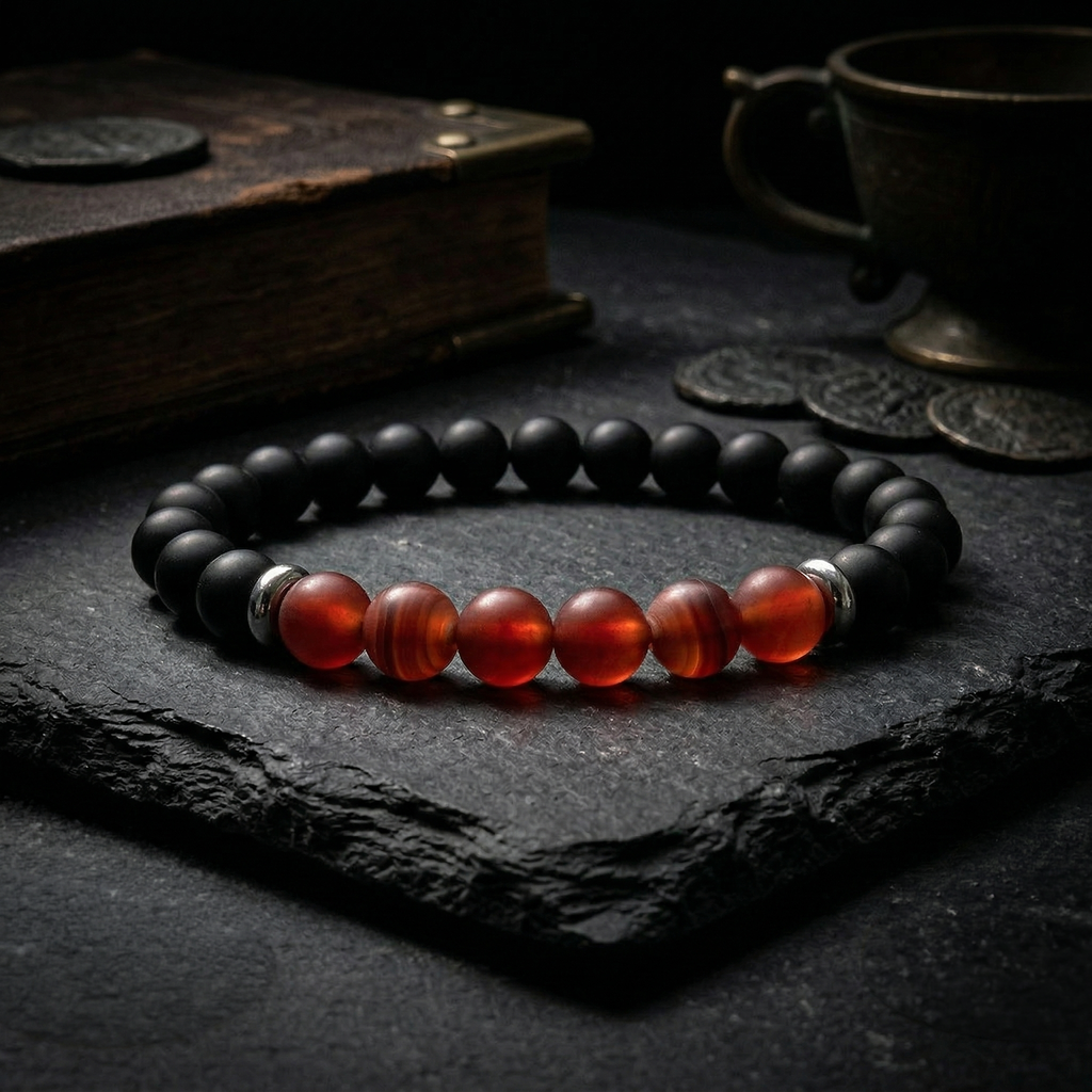 Pulsera Amuleto Fuego Interior | Ónix Mate y Ágata Roja