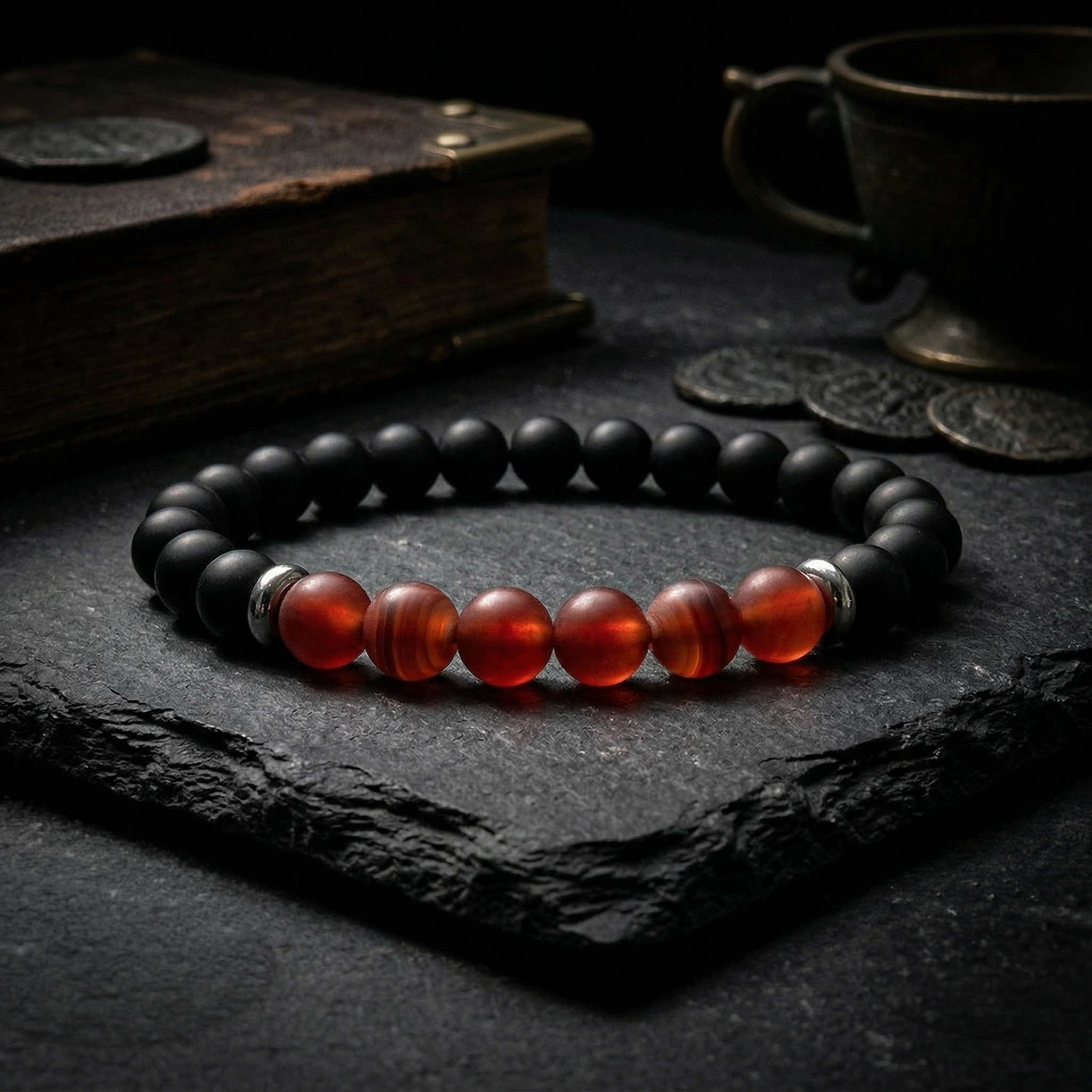 Pulsera Amuleto Fuego Interior | Ónix Mate y Ágata Roja