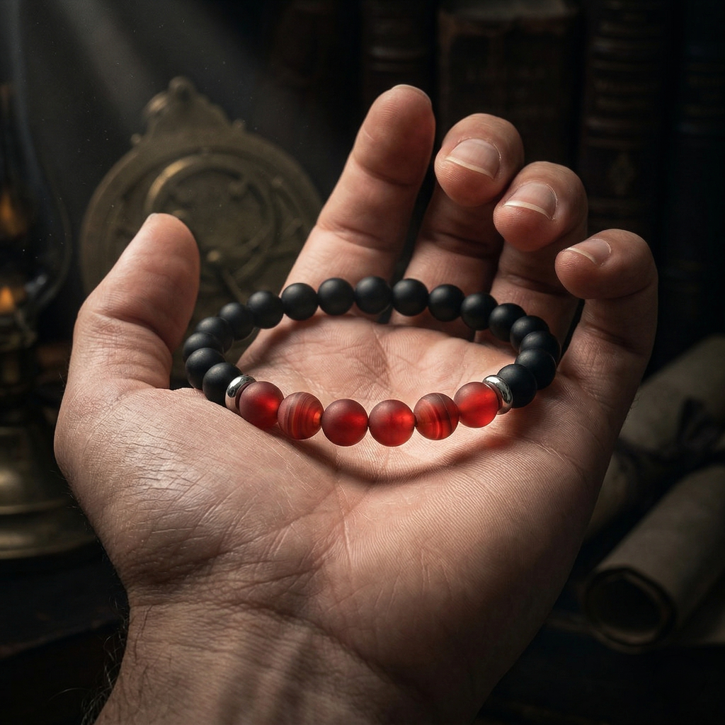 Pulsera Amuleto Fuego Interior | Ónix Mate y Ágata Roja