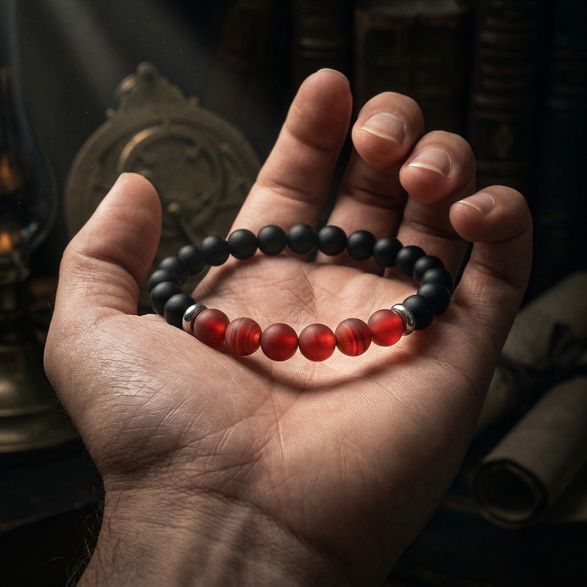 Pulsera Amuleto Fuego Interior | Ónix Mate y Ágata Roja