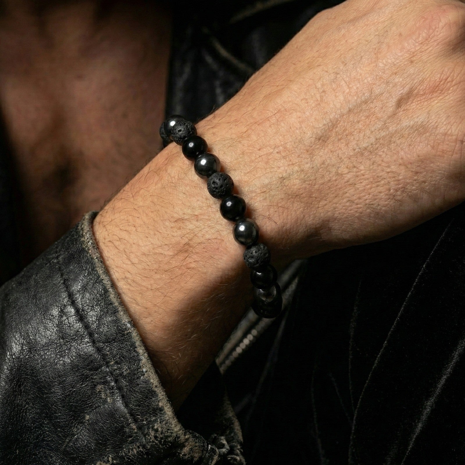 Brazalete de Piedras Naturales - Turmalina Negra y Volcánica